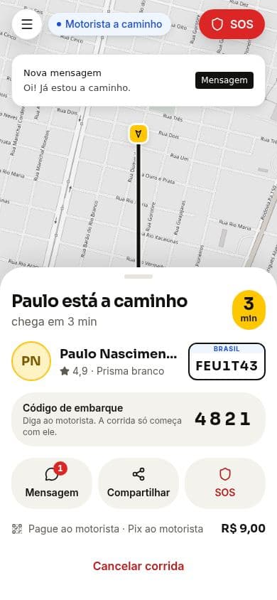 App da mob23: motorista a caminho com foto, placa e botão SOS